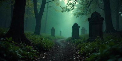 A foggy forest path leads to a graveyard
