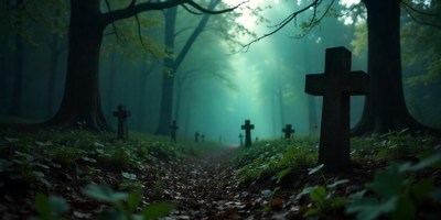 A path leads through a foggy cemetery