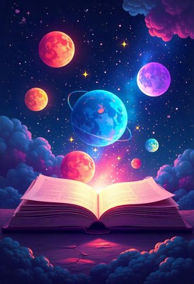 A book open in the night sky with glowing planets