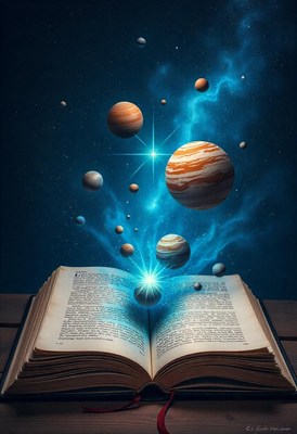 Planets emerge from an open book
