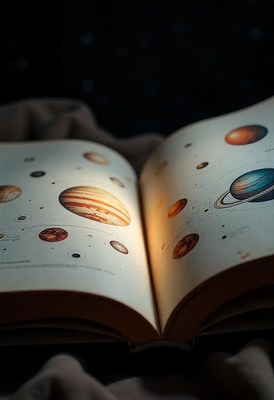 A book open to a page about planets