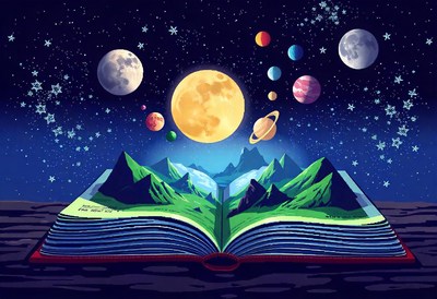 A book open to a night sky with planets and stars