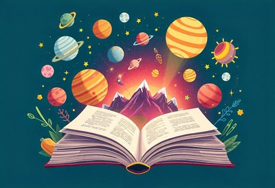 An open book shows a vibrant, dreamlike landscape