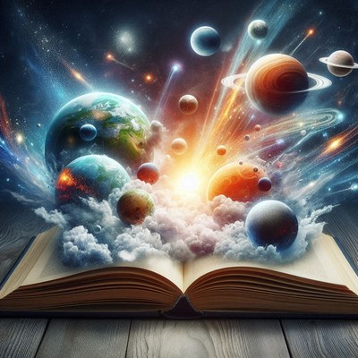 A book opens to reveal a universe of planets and stars