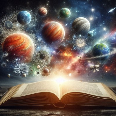 A book with planets and flowers emerging from its pages
