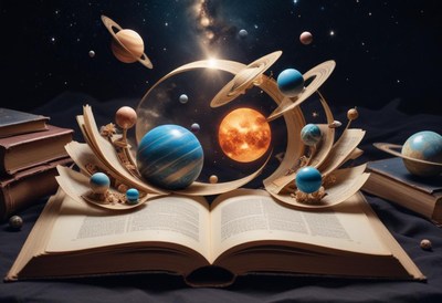 Planets and stars emerge from a book