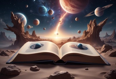 An open book rests on a sandy surface