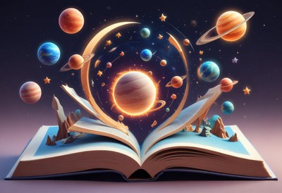 A book opens to reveal a glowing sun and planets