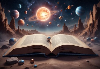 An open book reveals a starry sky with planets and a sun