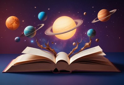 Planets rise from an open book
