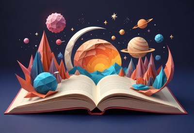 An open book with a red spine sits on a dark blue background