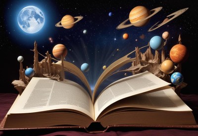 Planets and stars burst from an open book