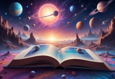 A large, open book lays on a fantastical landscape