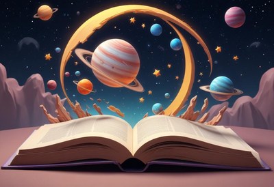 Planets and stars emerge from an open book
