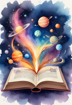 An open book reveals a galaxy of planets and stars