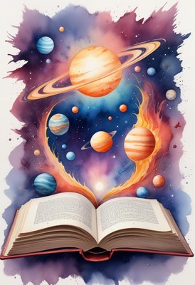 Watercolor of a book with planets and stars ascending