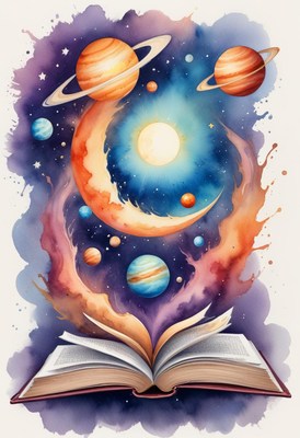 Watercolor of a book with stars and planets inside