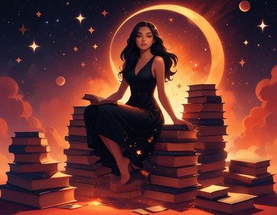A woman reads on books beneath a crescent moon