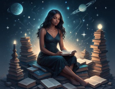 A woman reads a book in a mystical setting