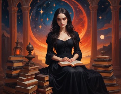 A woman reads a book under a crescent moon