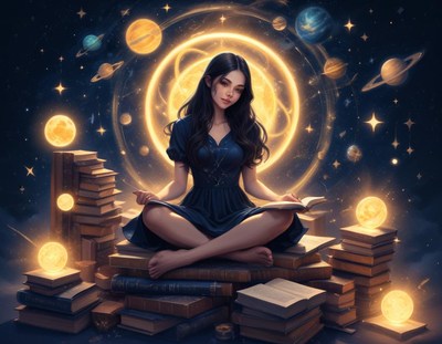 A woman reads among glowing books and stars