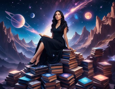 A woman reads a book in a mystical, starry landscape