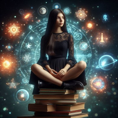A woman on books, surrounded by glowing stars