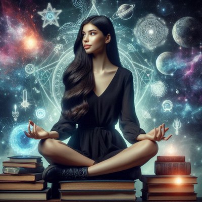 A woman meditates in front of a cosmic backdrop