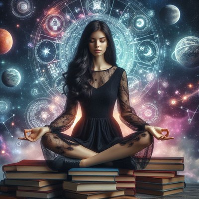 A woman meditates in front of a celestial backdrop