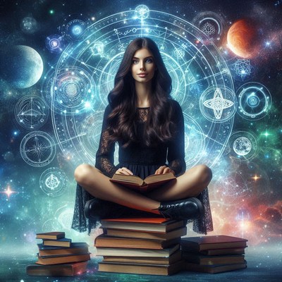 A woman reads a book surrounded by celestial symbols