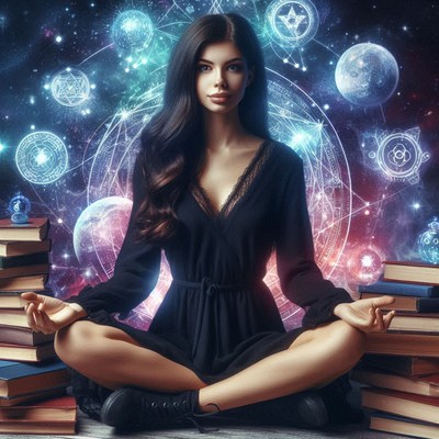 A woman meditates in front of a mystical backdrop