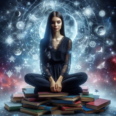 Woman meditates on books in a mystical setting