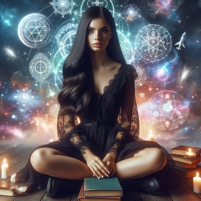 A woman sits in a dark dress surrounded by cosmic symbols