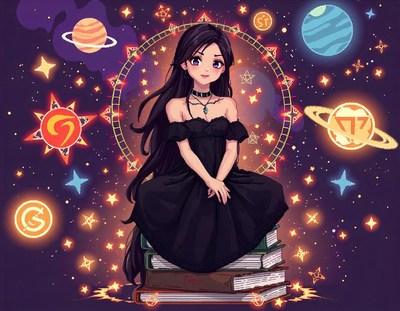A girl sits on books in a starry night sky