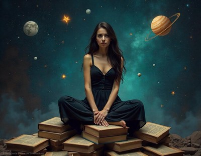 A woman sits on a pile of books against a starry sky