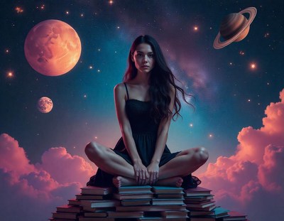 A woman sits on a stack of books under a night sky