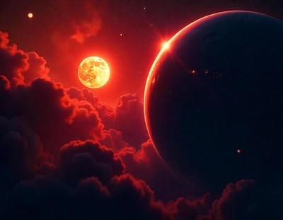 A red moon shines brightly in the night sky