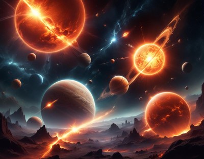 A fiery celestial landscape with planets and stars
