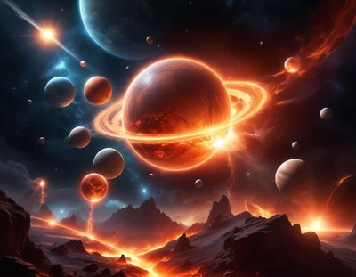 Fiery ringed planet dominates stunning space scene