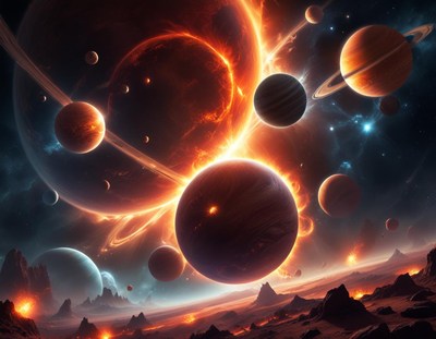 Planets orbit a fiery star in this cosmic scene