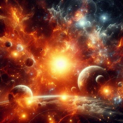 A fiery nebula with a bright star and planets