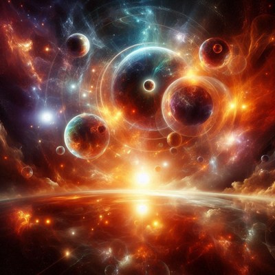 A vibrant nebula with multiple planets in a vast space