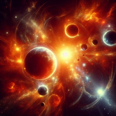 A fiery nebula surrounds planets in space