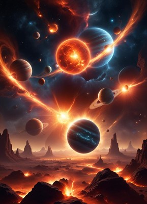 A fiery sky filled with planets and stars