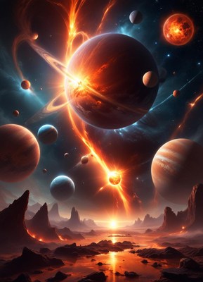 A fiery blast lights up an alien landscape