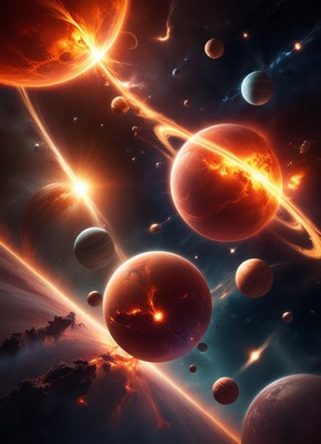 A fiery explosion engulfs several planets in space
