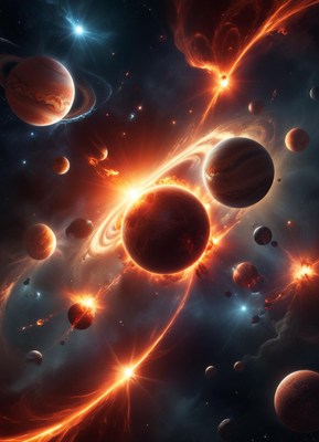 A fiery explosion in space, with planets and stars visible