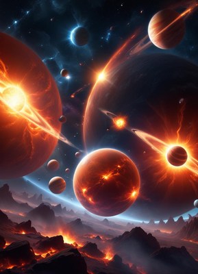 A fiery space scene with planets and stars