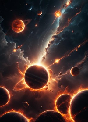 Planets and stars blaze in a fiery cosmic landscape