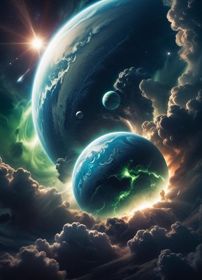 Two planets in space with a bright star and clouds